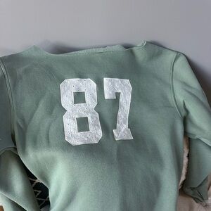 Wild Fable Sage Green oversized-off the shoulder 87 lace embroidery sweatshirt